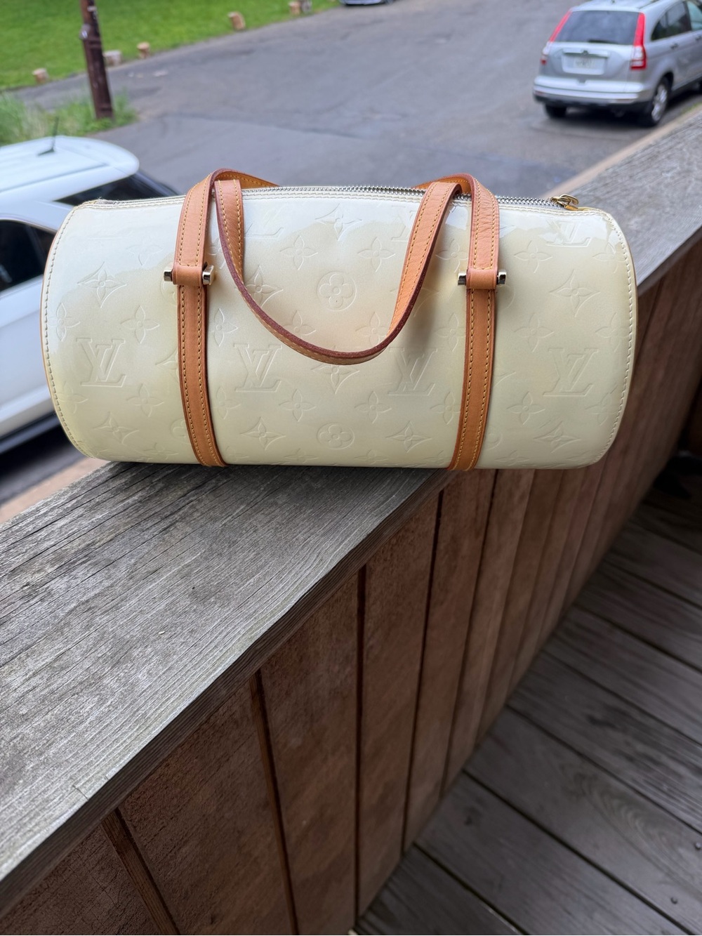 Louis Vuitton Cream Vernis Papillon Barrel Bag with Tan Handles